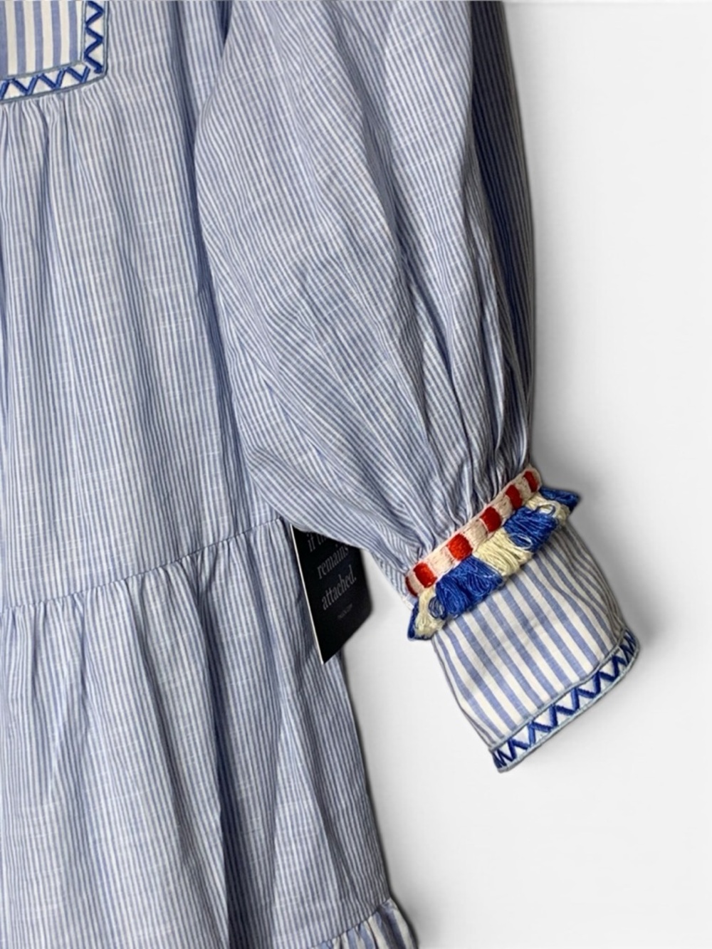 Tuckernuck Jen Dress XL NWT Chambray Blue Stripe Fringe Tassel Cotton Tiered - Picture 10 of 16
